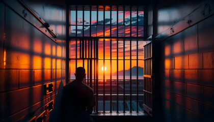Dusk behind bars. A solitary moment for a prisoner - obrazy, fototapety, plakaty