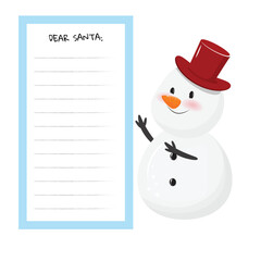 Snowman's Letter to Santa. Cute snowman next to the letter to Santa Claus