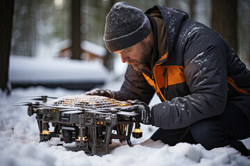 a man working in the snow with a remote control drone on his lap, while he is preparing to fly - obrazy, fototapety, plakaty