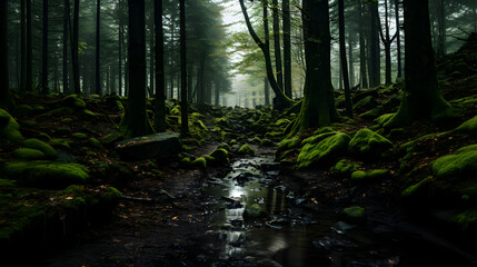 Fototapeta premium A captivating composition capturing the intricate details of a vast field filled with woods, moss-covered rocks, and fallen leaves, creating a lush and moist atmosphere under dense clouds.
