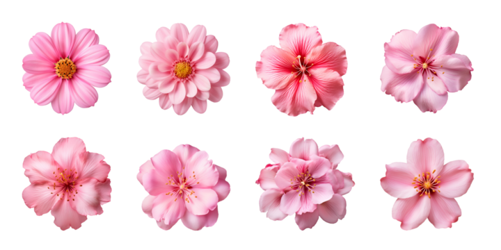 Collection of various pink flowers isolated on a transparent background