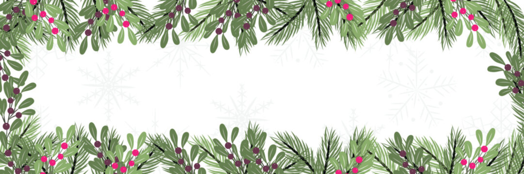 Long winter banner with pine branches and snowflakes © Marina