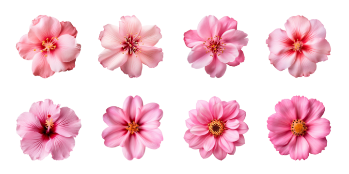 Collection of various pink flowers isolated on a transparent background