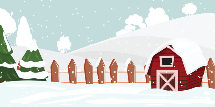Winter illustration of a red barn in the snow, fir trees. Outdoor snowing