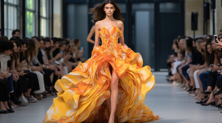 a woman in a designed dress walks down the runway for couture 