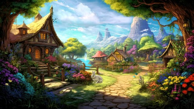 Fairy house in forest with amazing fantasy video with mushroom, flowers, river video background looping for live wallpaper 