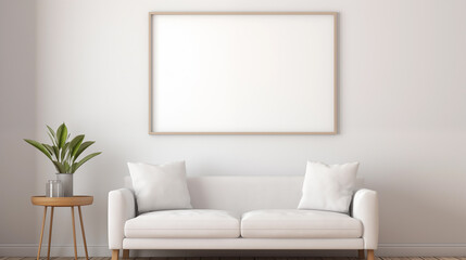 Mock-up picture frame on the sofa in a living room with white interior