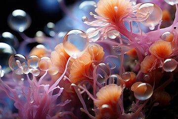 some flowers that are in the dark room with light coming through them and reflecting it on the camera's lens