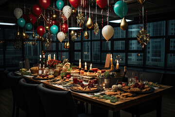 a table set for christmas dinner with balloons hanging from the ceiling and candles on the table in front of it