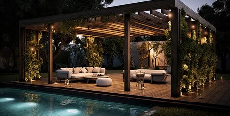 modern pergola with furniture and swimming pool