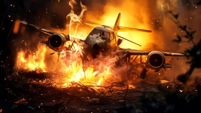  plane burning by fire in the night plane fall video emergency video looping 