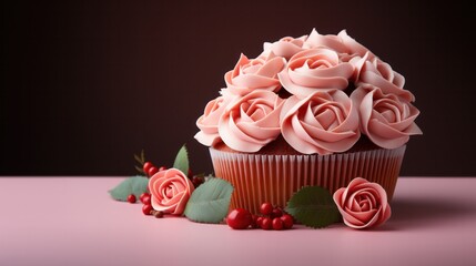 Cute 3D cupcake composition cake pink roses flower on dark background. for Template product presentation. copy text space.