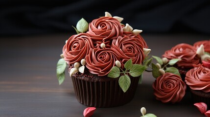 Cute 3D cupcake composition chocolate cake red rose flower on dark background. for Template product presentation. copy text space.