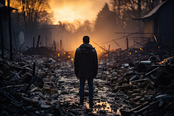 a man standing in the middle of a devastated neighborhood at sunset, with debris scattered on the...