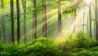 HighRes Panoramic Background of Green Forest with sunbeams through morning fog