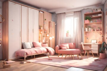 Cozy girl's children room with sofa-bed installed in wardrobe, study area, cozy rug and decor, 3d illustration 