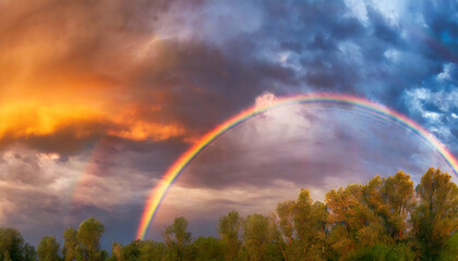 Panoramic background of stormy sky with rainbow and dramatic clouds at sunset