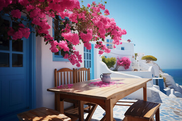 beautiful greek courtyard with white walls and blue doors and windows surrounded by blooming bougainvillea garden on sunny summer day