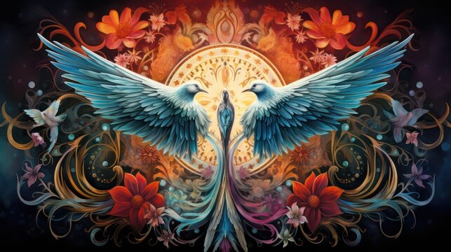 Illustration Two doves symbolize peace and love, with floral decoration background