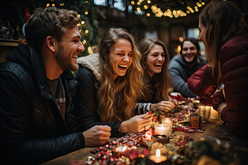 people laughing around a table with candles and christmas decorations on the table in the photo is taken from behind them