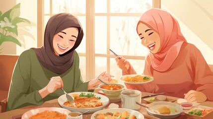 Illustration of two Muslim women wearing headscarves eating together happily on Eid - obrazy, fototapety, plakaty