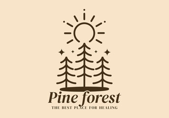 Pine forest, the best place for healing. Line art illustration design of pine trees