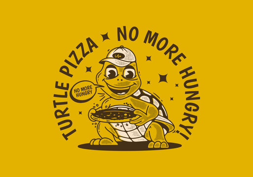 Turtle pizza, no more hungry. Mascot character illustration of a turtle holding pizza