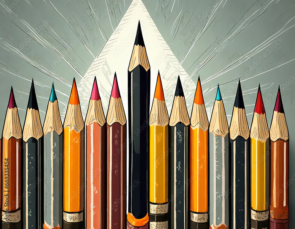 Poster a concept image of different pencils, one is different from the others and stands out from the group