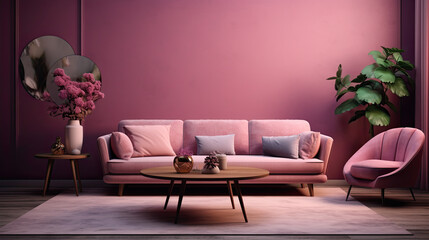 modern living room with pink couch and pink wall. pastel colors