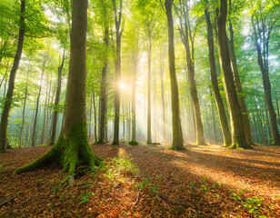Natural Sunny Forest of Beech Trees with Morning Fog