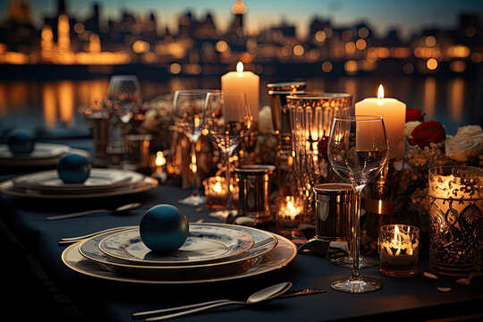 a table setting with candles, plates and uts on it in front of a city skyline at night time