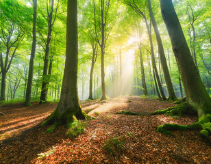 Natural Sunny Forest of Beech Trees with Morning Fog