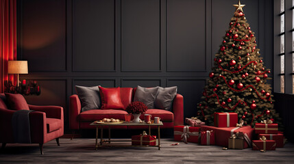 Obraz premium black and red living room with christmas decorations