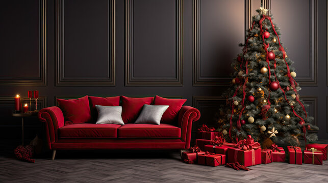 black and red living room with christmas decorations