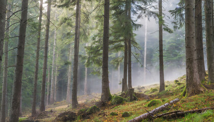 Obraz premium Natural Forest of Spruce Trees with Fog