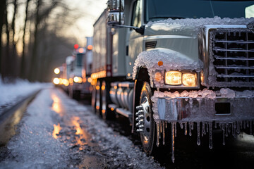 a truck that is covered in ice and icing on the side of the road as it drives through the snow