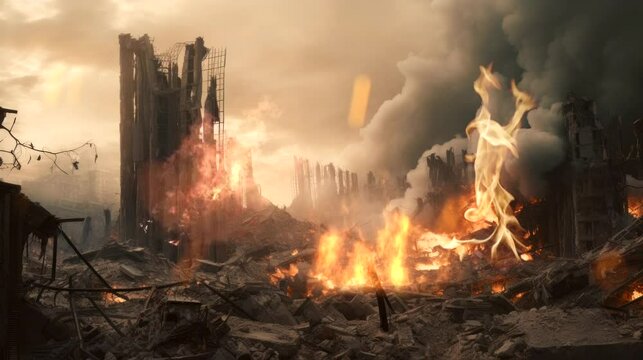 under attack on destroyed skyscraper building at war zone attack, fire burn, video looping background