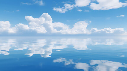 blue sky with clouds, Fluffy white clouds mirrored on the surface of a calm ocean