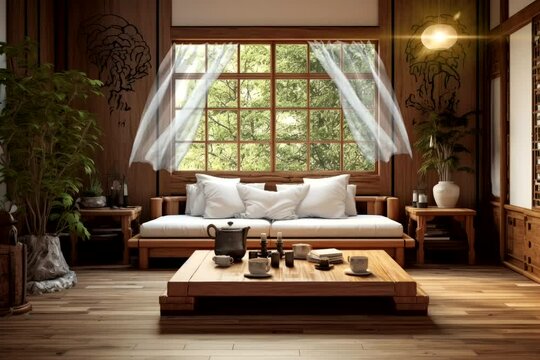 interior house wooden classic living room with a window and curtain, sofa outdoor view and freshness 