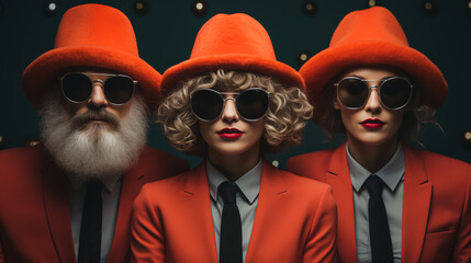 Three people in matching suits, hats and sunglasses - festive attire - Christmas - holiday - quirky and eccentric but charming - vibrant colors - dark backgro9und 