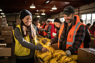 a man and woman working together in a large room filled with boxes full of yellow plastic bags, one is smiling at the other