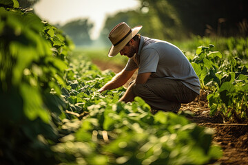 a man kneeling in the middle of a field with his hat on, looking down at something he's picking