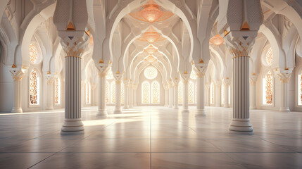luxury mosque interior with white theme. a white interior mosque with arches - obrazy, fototapety, plakaty