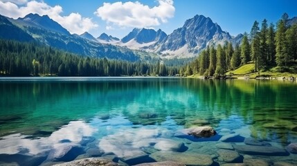 Mountain lake in National Park High Tatra. Strbske pleso, Slovakia, Europe. Beauty world - obrazy, fototapety, plakaty