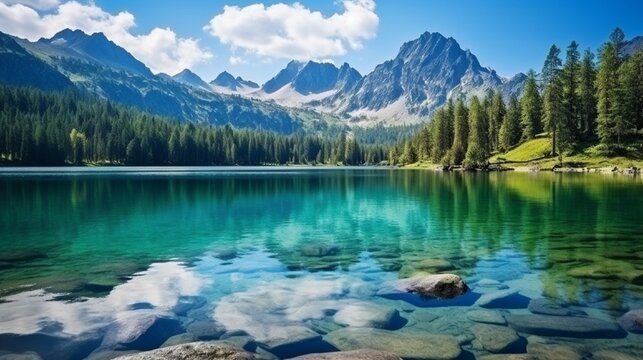 Mountain lake in National Park High Tatra. Strbske pleso, Slovakia, Europe. Beauty world