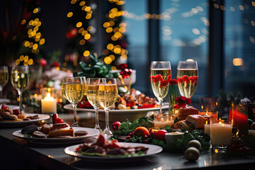 two glasses of wine on a table with christmas decorations and candles in the background, all lit up at night time
