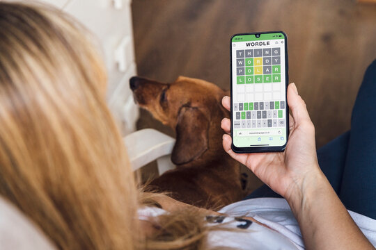 Woman comfortably at home playing Wordle on her phone. Popular word game displayed on a smartphone screen. Rosario, Argentina - October 27, 2023.