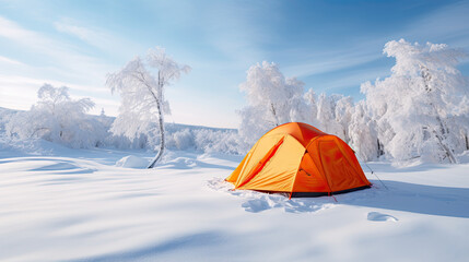an orange tent and snow covered trees in winter forest