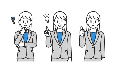 疑問･ひらめく･グッドのポーズをするビジネスパーソン女性のセット【人物ベクターイラスト素材】