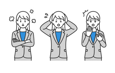 怒り･ショックのポーズをするビジネスパーソン女性のセット【人物ベクターイラスト素材】